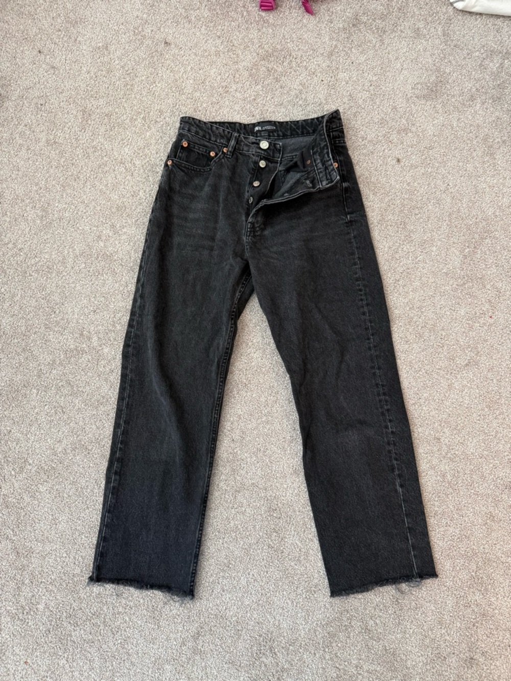 Zara High-Waist Button-Fly Black Straight-Leg Jeans